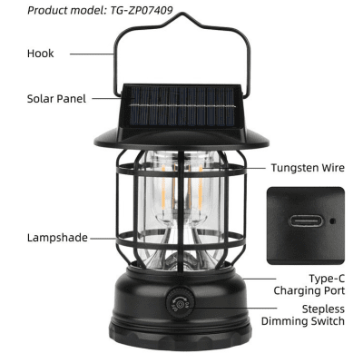BRIV Campinglanterna Lanterna LED Solcell+USB-C