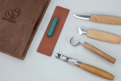BeaverCraft S19 Spoon Carving Set of 4 Tools in a Book Case