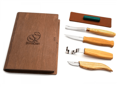 BeaverCraft S43 poon and Kuksa Carving Professional Set with Knives and Strop in a Book Case BeaverCraft